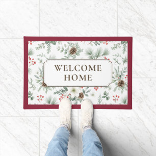 Elegant Winter Greenery Burgundy Welcome Home Doormat
