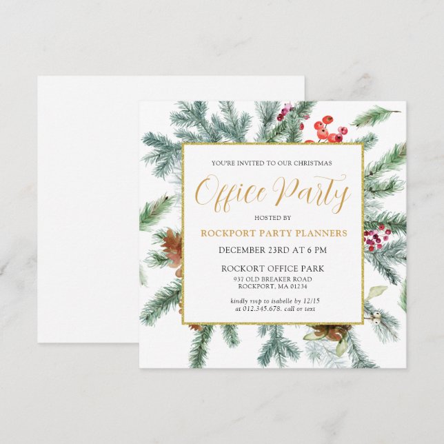 Elegant Winter Greenery Christmas Office Party Invitation (Front/Back)