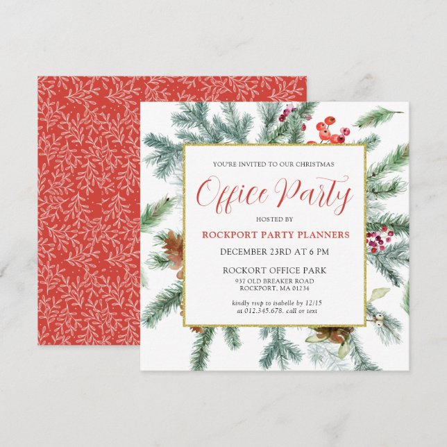 Elegant Winter Greenery Christmas Office Party Invitation (Front/Back)