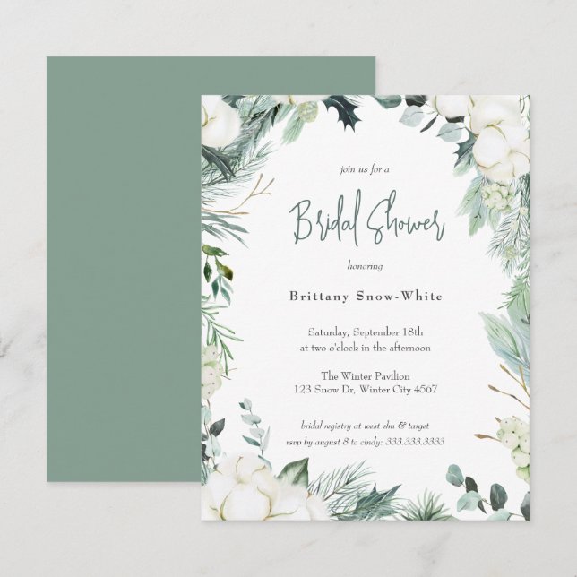 Elegant Winter Greenery Cotton Eucalyptus Bridal Invitation (Front/Back)