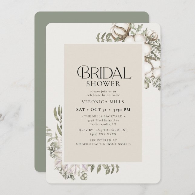 Elegant Winter Greenery Floral Bridal Shower Invitation (Front/Back)