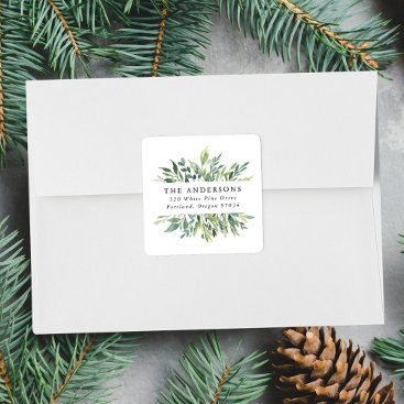 Elegant Winter Greenery Holiday Return Address Square Sticker