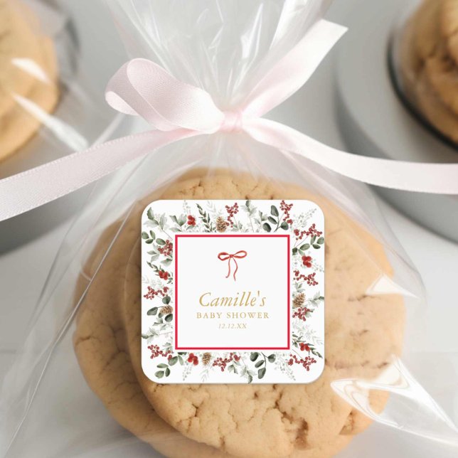 Elegant Winter Greenery & Holly Baby Shower Square Sticker (Winter Baby Shower Favor Stickers)