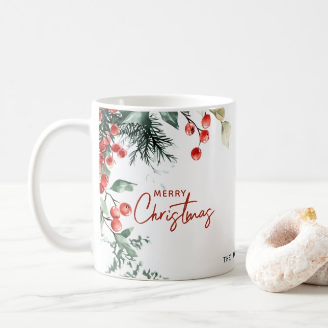 Elegant Winter Greenery Merry Christmas Custom Coffee Mug (With Donut)