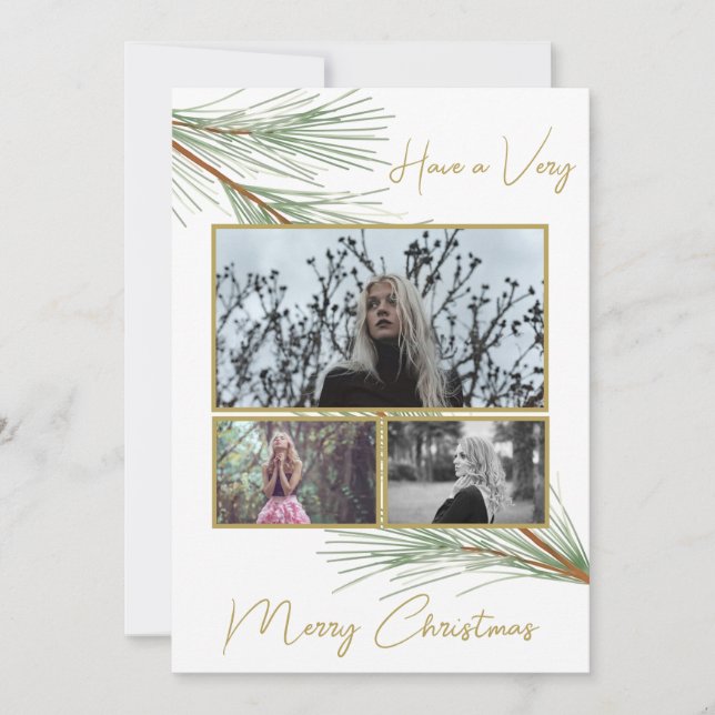 Elegant Winter Greenery Merry Christmas Tree Photo Holiday Card (Front)