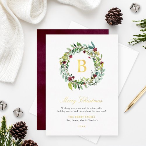 Elegant Winter Greenery Monogram Wreath Gold Foil Holiday Card