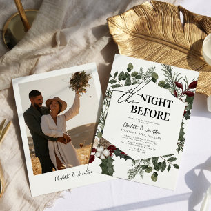 Elegant Winter Greenery Photo Rehearsal Dinner Invitation