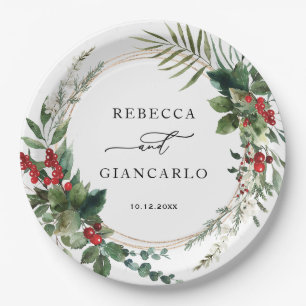Elegant Winter Greenery Red Berries Holiday Paper Plates