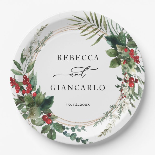Elegant Winter Greenery Red Berries Holiday Paper Plates (Front)