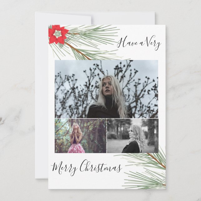 Elegant Winter Greenery & Red Poinsettia Photo Holiday Card (Front)