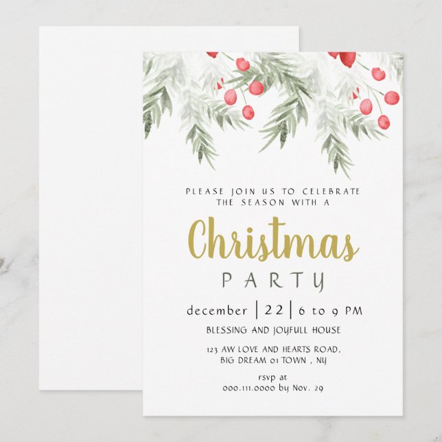 Elegant Winter Greenery Watercolor Christmas Party Invitation (Front/Back)