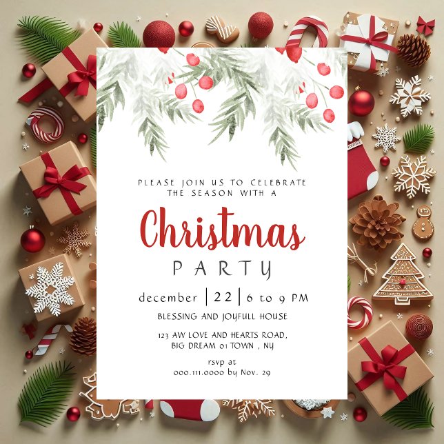 Elegant Winter Greenery Watercolor Christmas Party Invitation (Creator Uploaded)