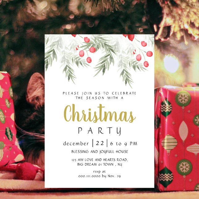 Elegant Winter Greenery Watercolor Christmas Party Invitation (Creator Uploaded)