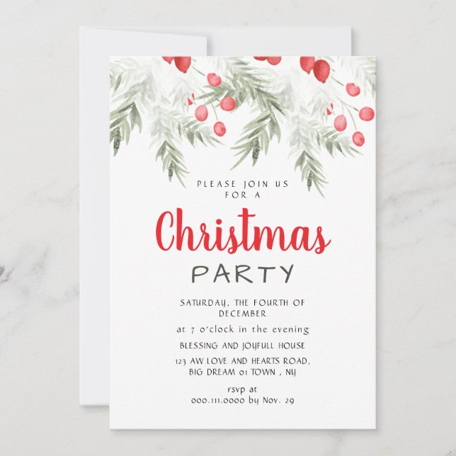 Elegant Winter Greenery Watercolor Christmas Party Invitation (Front)