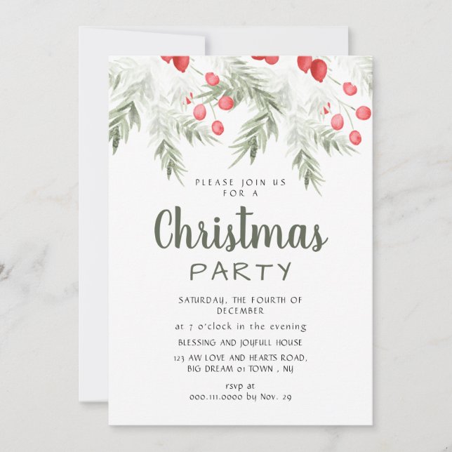 Elegant Winter Greenery Watercolor Christmas Party Invitation (Front)