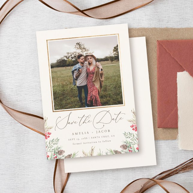 Elegant Winter Greenery Watercolor Wedding Photo Save The Date (Creator Uploaded)