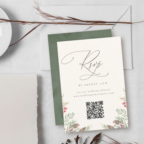 Elegant Winter Greenery Watercolor Wedding QR Code RSVP Card