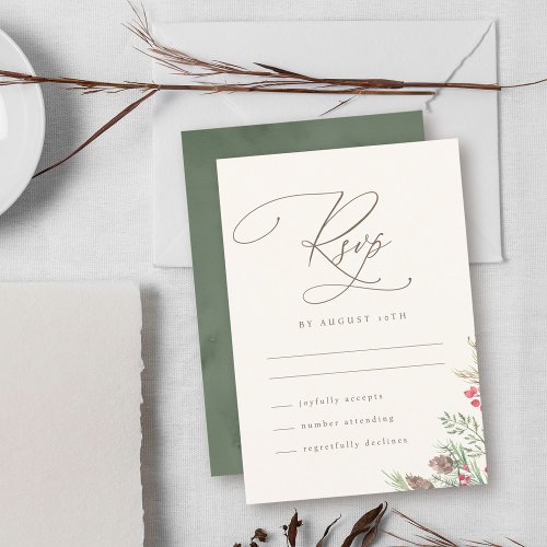 Elegant Winter Greenery Watercolor Wedding Script RSVP Card