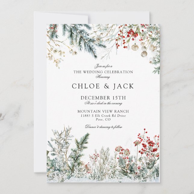 Elegant Winter Greenery Wedding Invitation (Front)