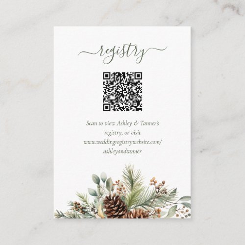 Elegant Winter Greenery Wedding Registry QR Code Enclosure Card