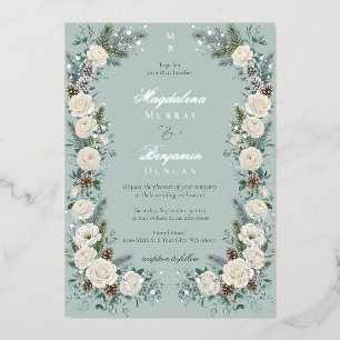 Elegant Winter Greenery White Floral Wedding Foil Invitation