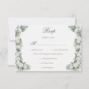 Elegant Winter Greenery White Floral Wedding Meal RSVP Card