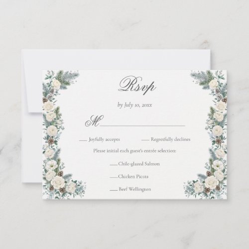 Elegant Winter Greenery White Floral Wedding Meal RSVP Card