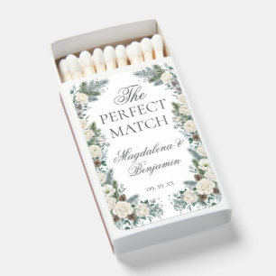 Elegant Winter Greenery White Roses Floral Wedding Matchboxes