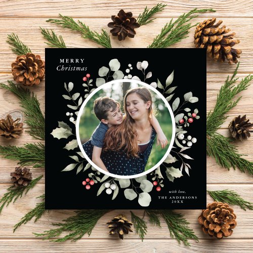 Elegant Winter Greenery Wreath 1 Photo Holiday Card