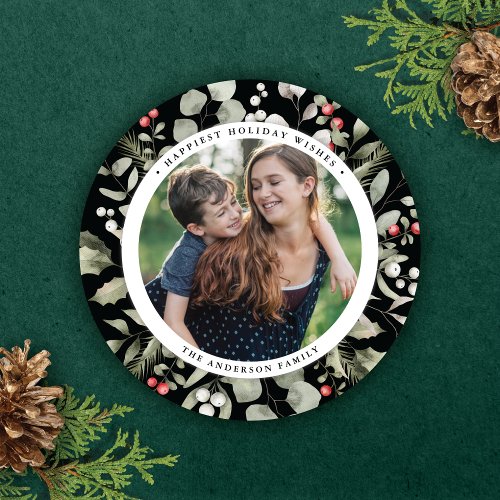 Elegant Winter Greenery Wreath 1 Photo Round Holiday Card
