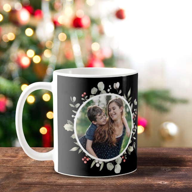 Elegant Winter Greenery Wreath 2 Photo Holiday Coffee Mug (Creator Uploaded)