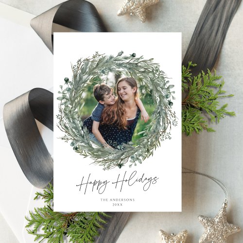 Elegant Winter Greenery Wreath Photo Holiday Card