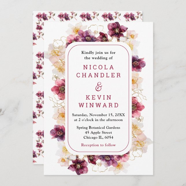 Elegant Winter Hellebore Floral Burgundy Wedding Invitation (Front/Back)