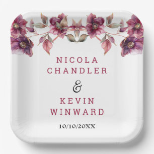 Elegant Winter Hellebore Floral Burgundy Wedding Paper Plates