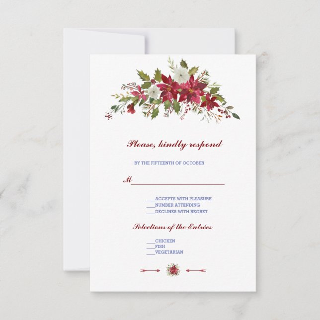 Elegant Winter Holiday Poinsettia Wedding RSVP Card (Front)