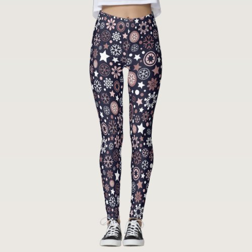 Elegant winter holidays pink gold snowflakes leggings