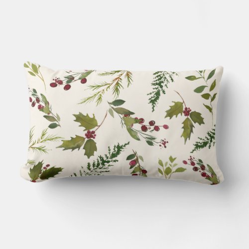 Elegant Winter Holly Berry Greenery Christmas Lumbar Pillow