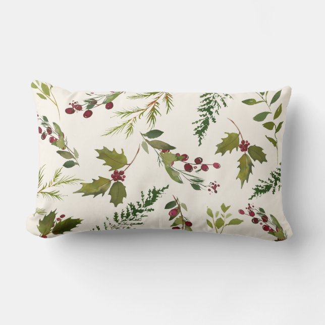Elegant Winter Holly Berry Greenery Christmas Lumbar Pillow (Front)