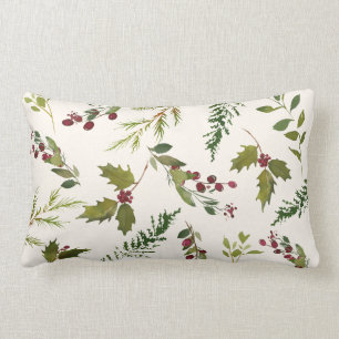 Elegant Winter Holly Berry Greenery Christmas Lumbar Pillow
