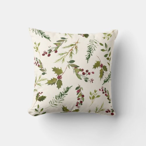 Elegant Winter Holly Berry Greenery Christmas Throw Pillow