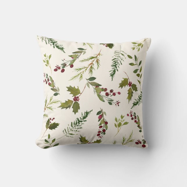Elegant Winter Holly Berry Greenery Christmas Throw Pillow (Front)