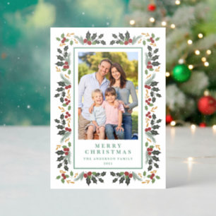 Elegant Winter Holly Sage Christmas Letterpress Photo Cards