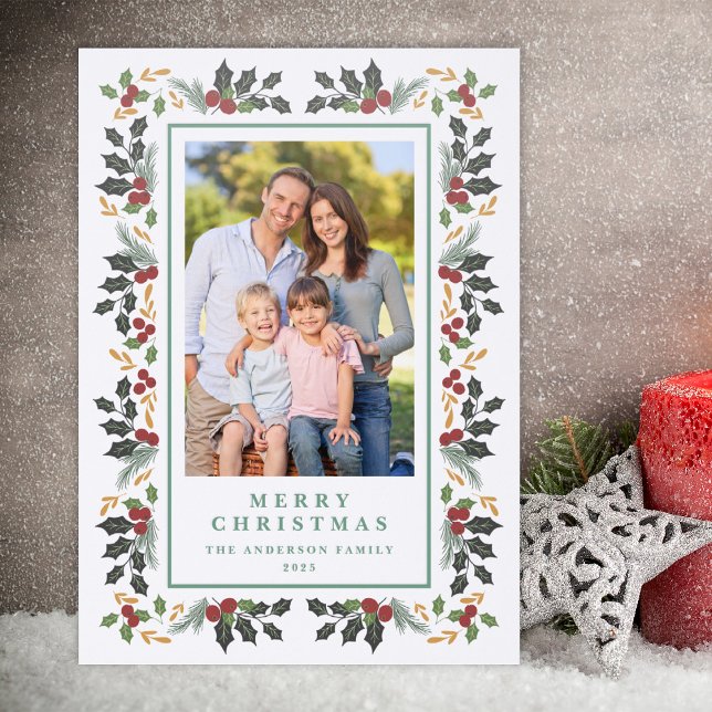 Elegant Winter Holly Sage Christmas Letterpress Photo Cards (Creator Uploaded)