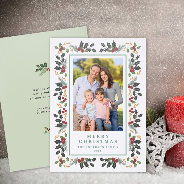 Elegant Winter Holly Sage Message Christmas Letterpress Photo Cards (Creator Uploaded)