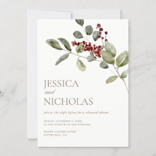 Elegant Winter Holly Wedding Rehearsal Dinner Invitation