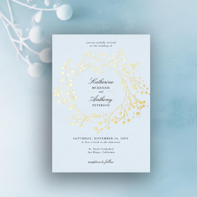 Elegant Winter Ice Blue Gold Berry Wreath Wedding Foil Invitation (winter wedding invitation ice blue gold berries elegant modern classic sophisticated classy romantic)
