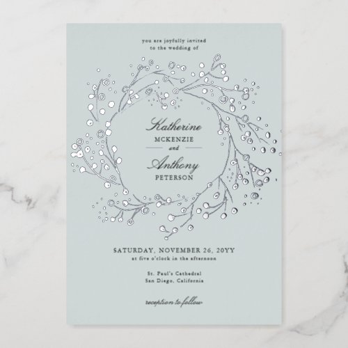 Elegant Winter Ice Green Foil Berry Wreath Wedding Foil Invitation