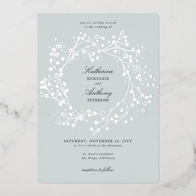 Elegant Winter Ice Green Foil Berry Wreath Wedding Foil Invitation (Front)