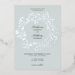 Elegant Winter Ice Green Foil Berry Wreath Wedding Invitation