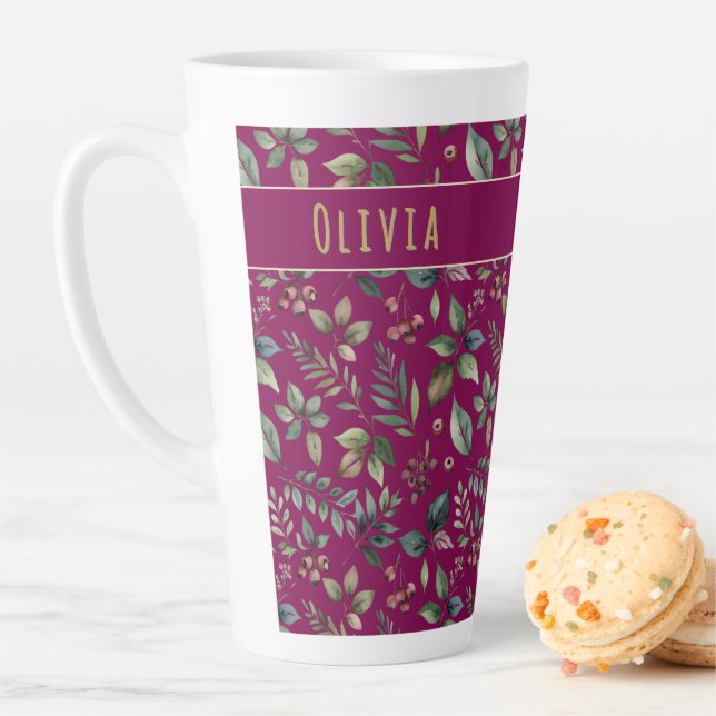 Elegant Winter Leaves & Berries Burgundy Custom Latte Mug (In Situ)